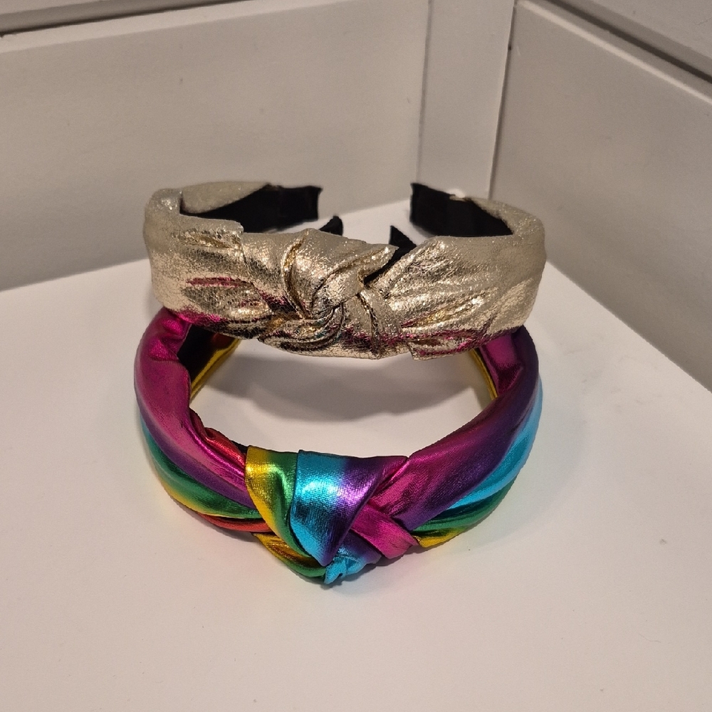 Metallic Gold Knot Headband & Rainbow Satin Twist Headband - Set